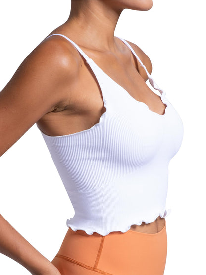 Sunzel Tank Top for Women, V Neck Cropped Seamless Ribbed Camisole with Ruffles for Workout Yoga Lounge (Black&White M-L)