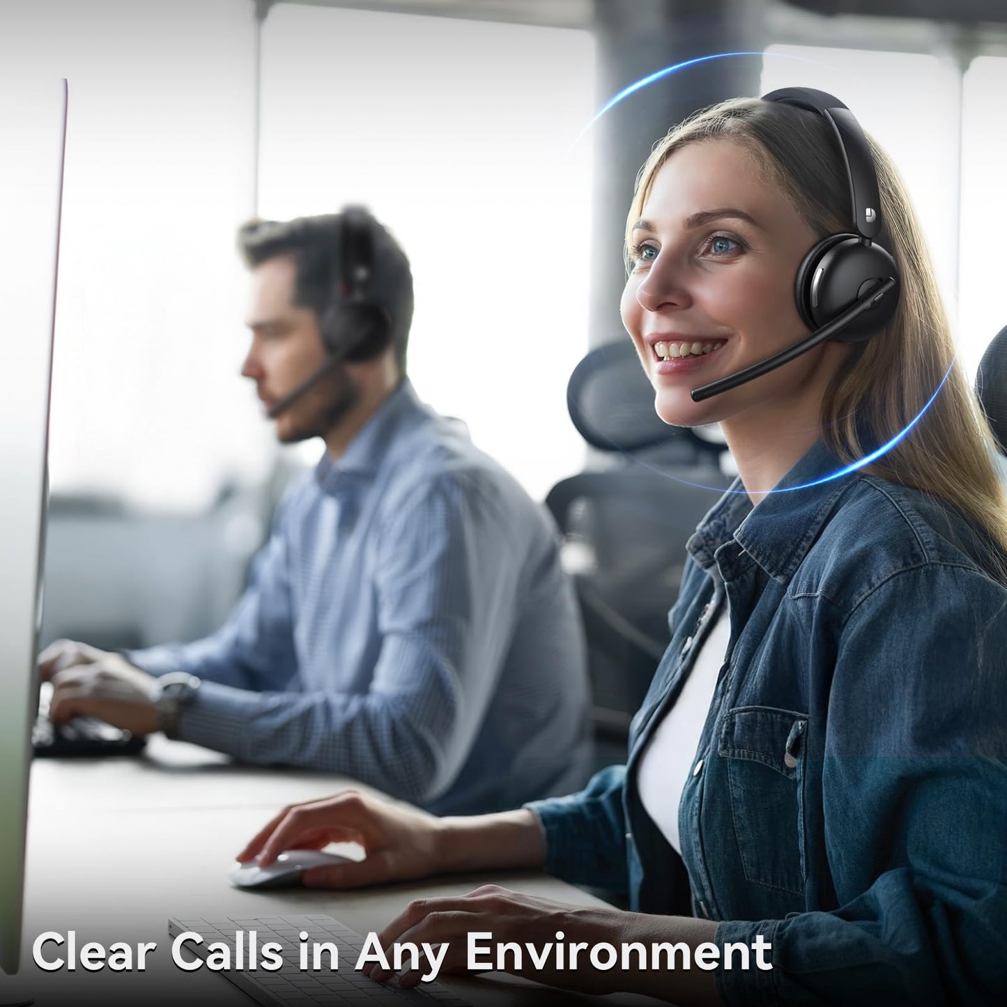 Wireless Headset with Mic for Work, Wireless Headset with Microphone (Noise Cancelling), Smart Mult-Func Dock, 65H Worktime&Fast Charge Bluetooth Headphones for Work/PC/Computer/Call Center/Teams/Zoom