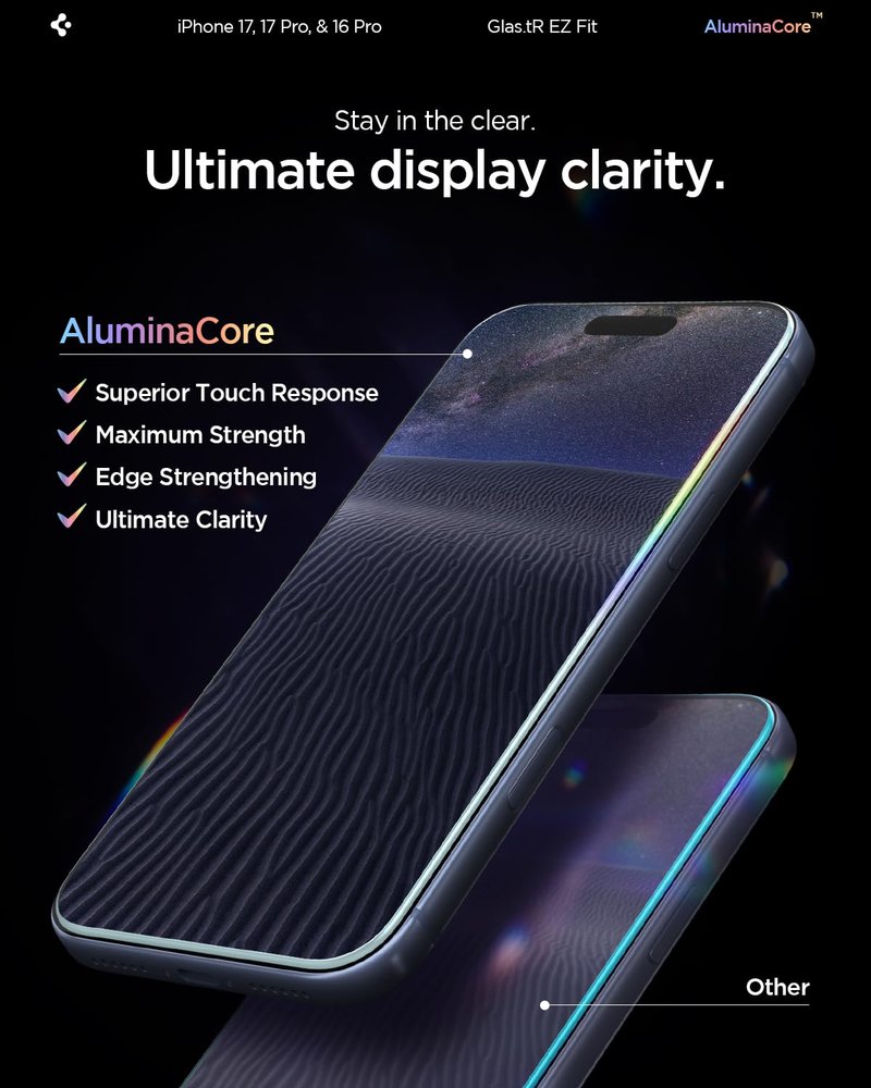 Spigen AluminaCore Tempered Glass Screen Protector [Glas.tR EZ Fit] designed for iPhone 17 Pro | iPhone 17 | iPhone 16 Pro [2 Pack] 9H+ Hardness, Aluminum-Enhanced Durability