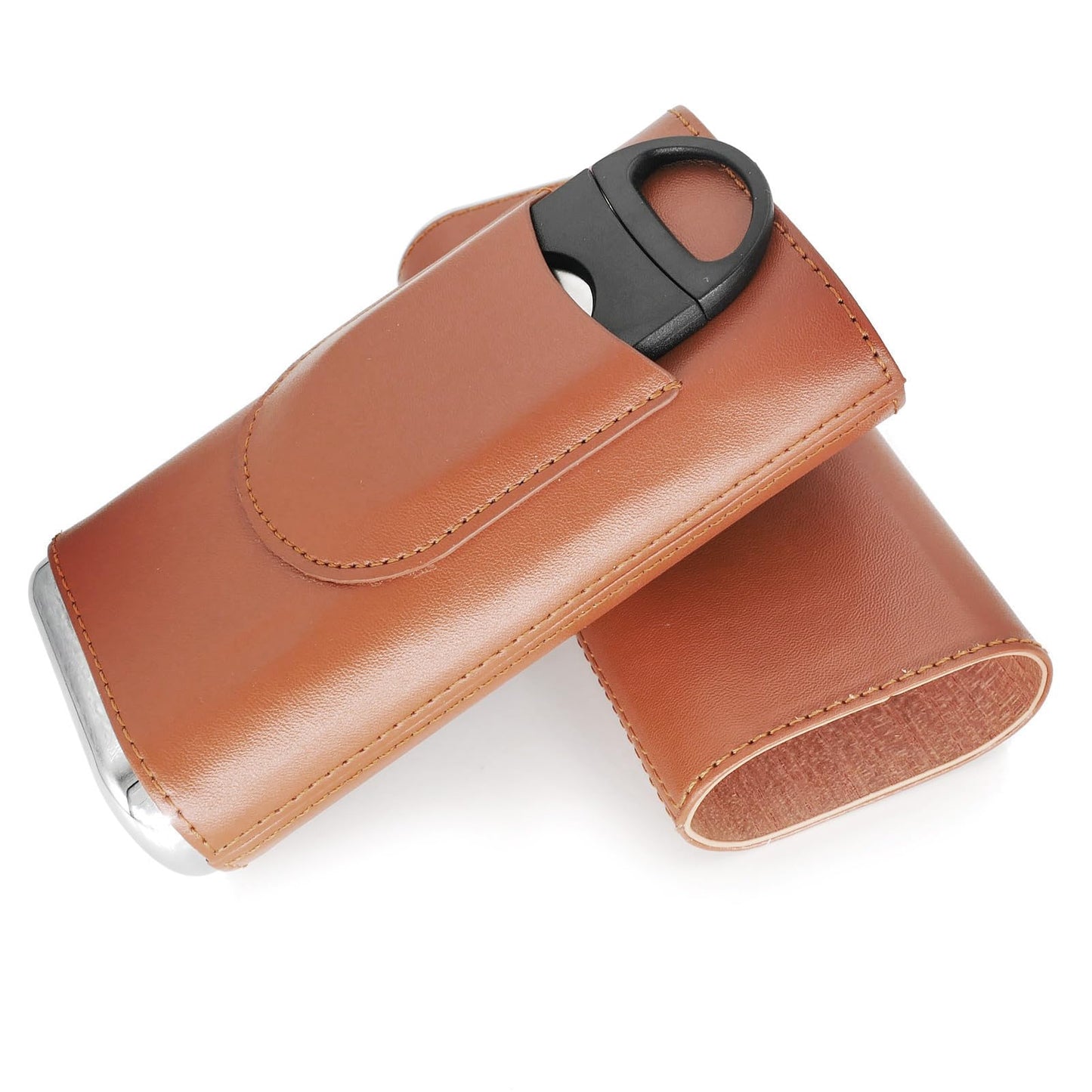 menesia Brown Cigar Case with Cutter - Portable Leather Travel Cigar Holder and Pouch Kit for Men