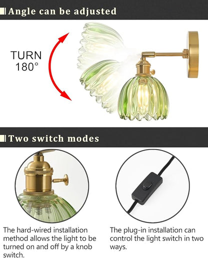 Plug in and Hardwired Wall Sconces, Luxury Vintage Tulip Crystal Glass Shade Wall Light with Switch for Bedside Bedroom Living Room (Tulip-Green, 2)