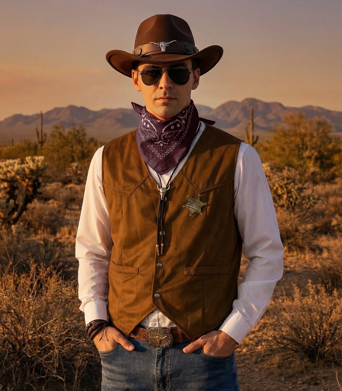 8 PCS Men’s Western Cowboy Costume Set with Cow Vest & Hat Retro Accessories Halloween Party Cosplay Darkbrown-L