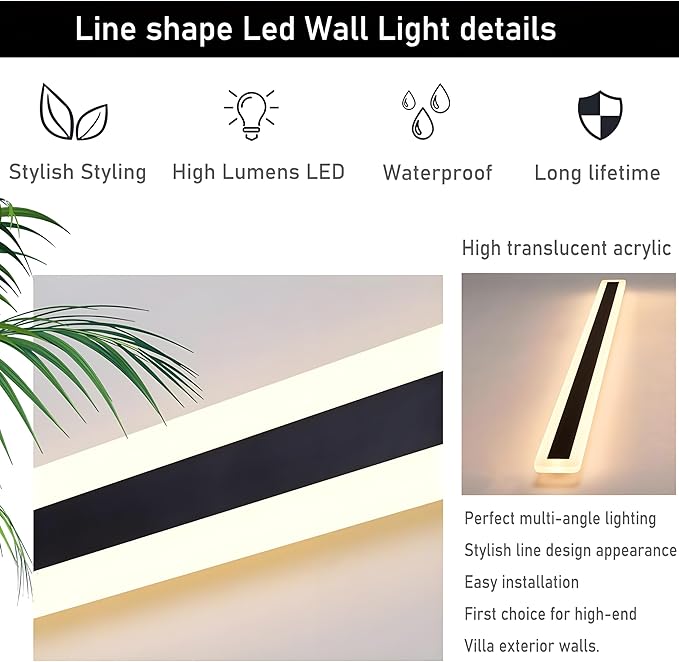 2Pack 47.2inch Long Outdoor Modern LED Wall Light,38W Waterproof IP65 Warm White 110V led Wall Mount Lighting Fixture Rectangular Black Wall Lights Elegant Frosted White Acrylic Anti Rust.