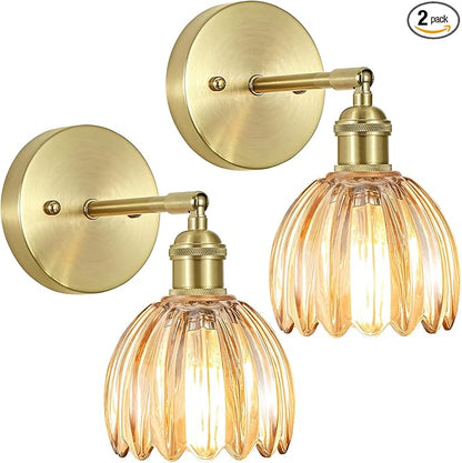 Vintage Wall Sconces Set of Two,Hardwired Wall Lights with Amber Tulip Glass Lampshade,Gold Wall Lamps for Bedroom Bedside Stairway Bathroom Living Room(Bulbs Not Included)