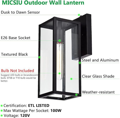 MICSIU Dusk to Dawn Outdoor Lighting, 14.5 Inch Exterior Wall Mount Lantern with Clear Glass, Industrial Textured Black Outside Lighting for Front Porch