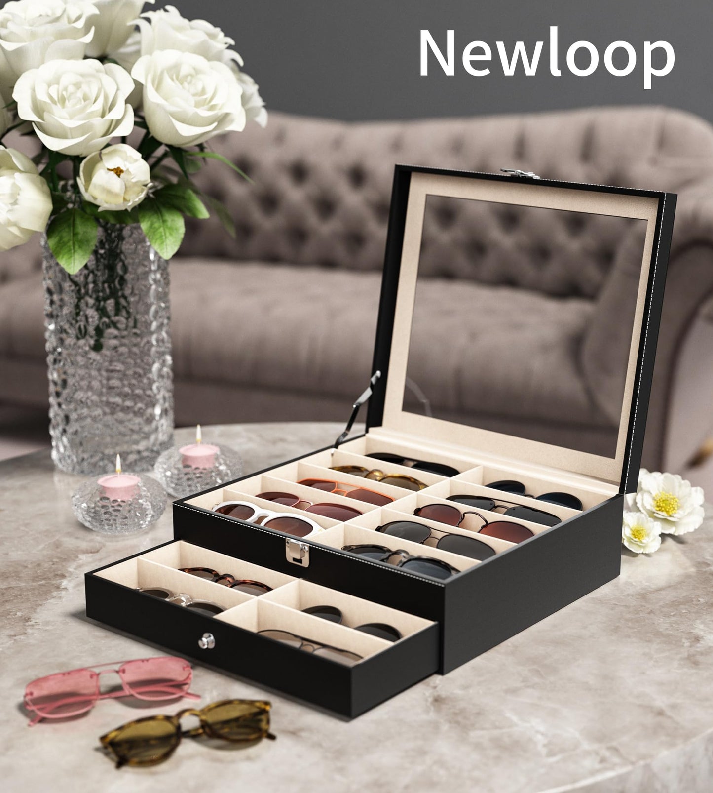 NEWLOOP Sunglasses Case Storage Organizer - Sunglass Organizer See-through Display Case Multiple Pairs Glasses Holder Stand 2-layer Eyeglass Jewelry Watch Collection Box for Men with 20 Slot Black