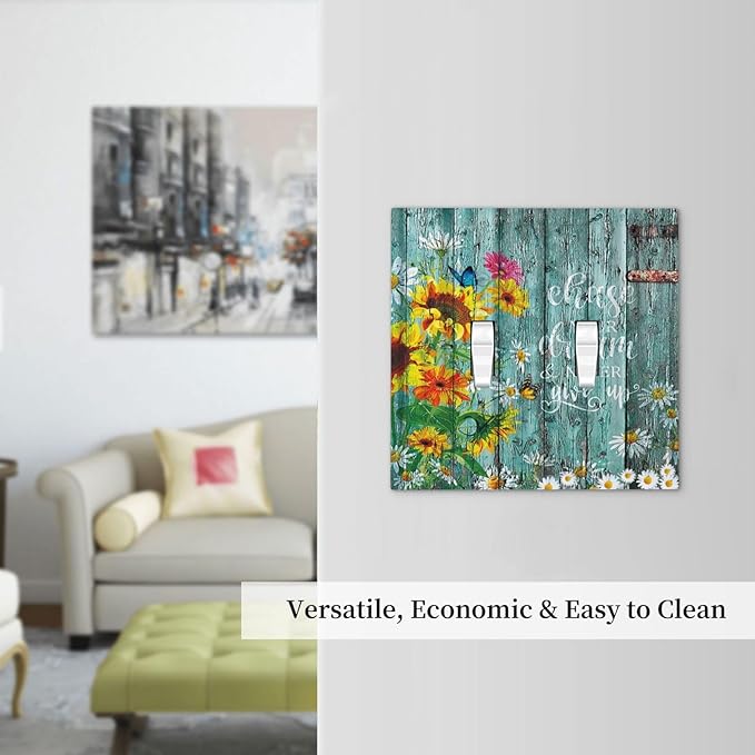 Turquoise Rustic Vintage Wood Planks Sunflower Butterfly Double Toggle Light Switch Cover Decorative 2 Gang Wall Plate Electrical Switchplate Faceplate for Farmhouse Bathroom Decor