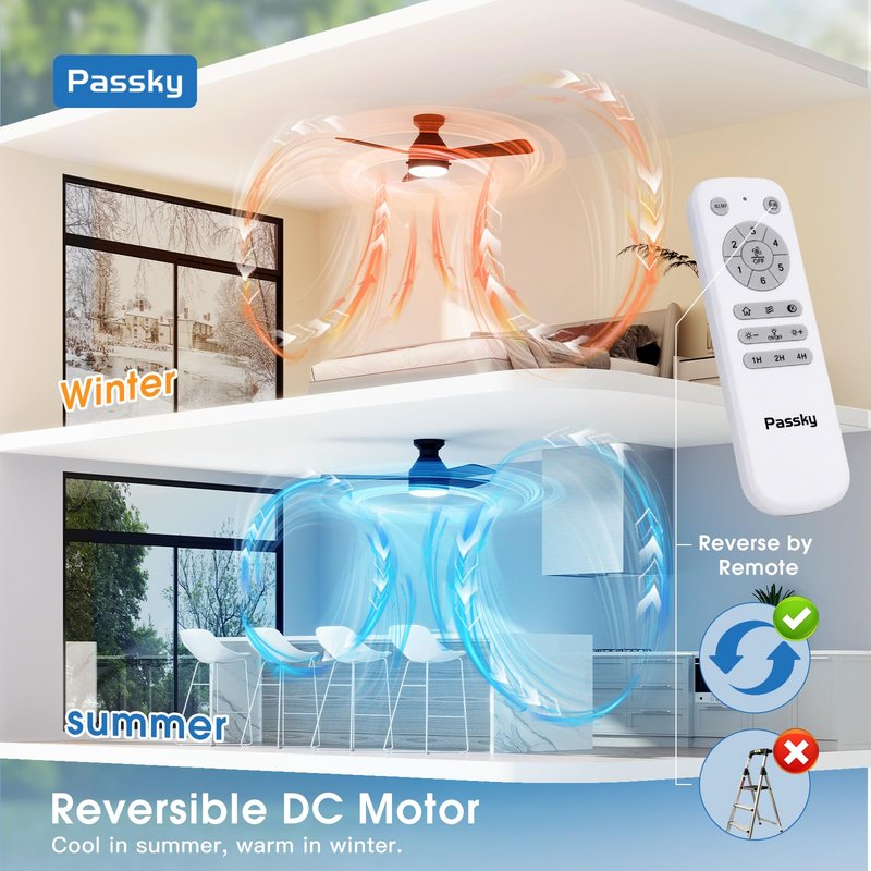 Passky Ceiling Fans with Lights, 42 inch Low Profile Ceiling Fan with Pull Chain and Remote Control, Flush Mount, Reversible, 5CCT, Dimmable, Noiseless, Black Pull Cord Ceiling Fan for Bedroom