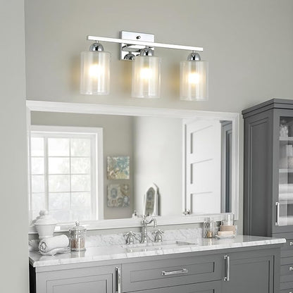 Stainless Steel Bathroom Vanity Light Over Mirror, 3 Light Polished Chrome Bathroom Light Fixtures with Milk Glass and Clear Glass Shades, Modern Vanity Lighting Wall Mount