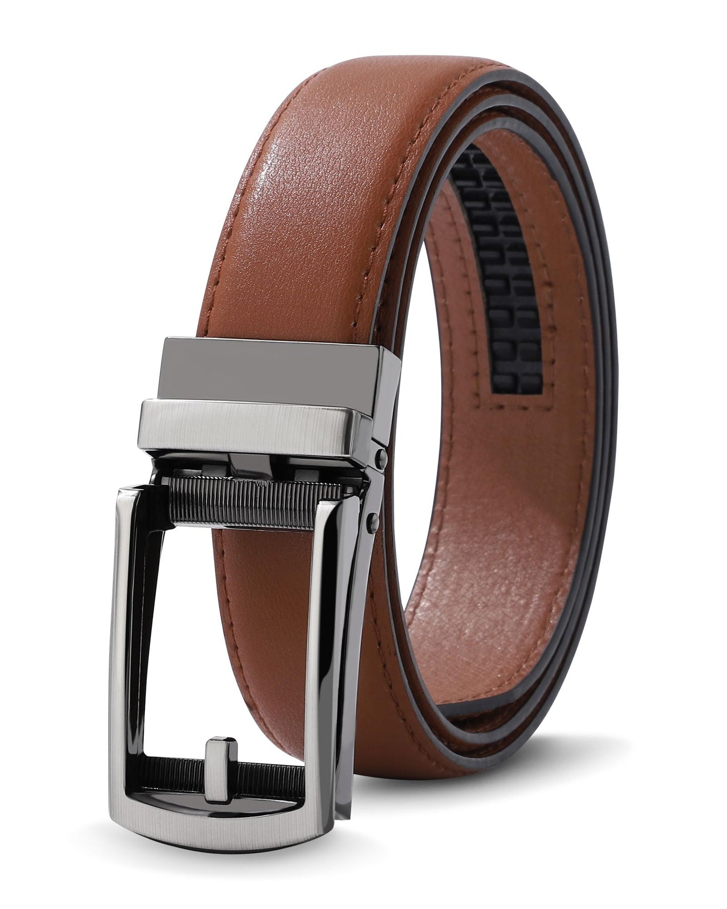AWAYTR Boys Ratchet Belt for Kids - Brown and Brown Leather Belts for Dress Pants Uniform Jeans (80cm,Gunmetal-Brown)