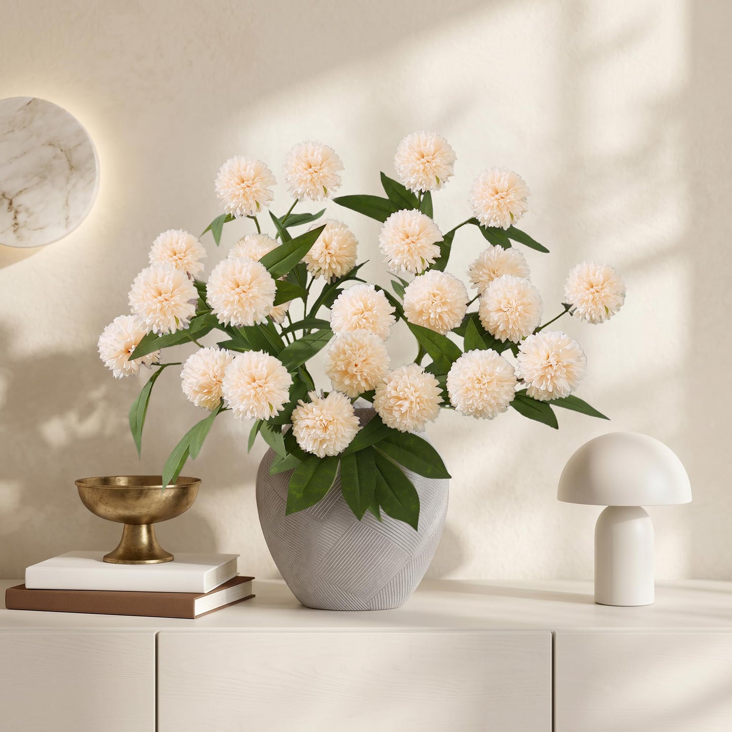 6 Pcs Artificial Pompon Mums, 27" Long Floral Faux Silk Flowers for Vase, Fake Chrysanth Branches with Stems for Indoor Home Table Decor, DIY Bouquet Centerpieces Decorations, Beige