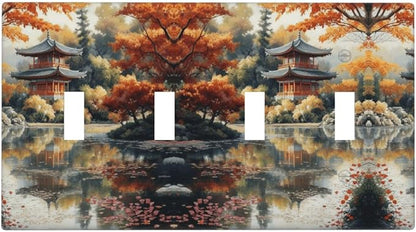 Decorative Art Light Switch Covers Lake & Pagoda in Fall Quad Toggle 4 Gang Wall Plate Switch plate Electrical Faceplate for Home Decor