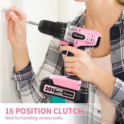 AVID POWER 20V Cordless Drill Set for Home DIY & Beginner Projects - Lightweight Power Drill with Battery Charger & 22 Bits, Variable Speed, 3/8" Keyless Chuck, Ideal for Furniture Assembly (Pink)