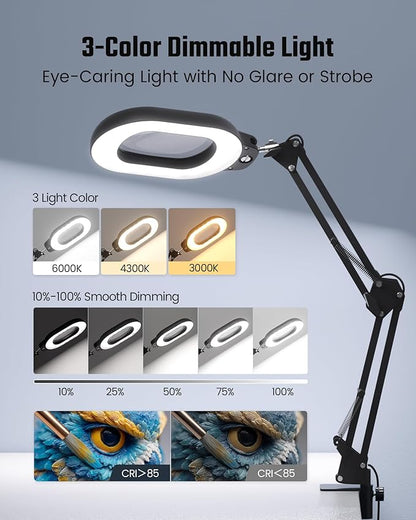 Magnifying Desk Lamp, 10X Square Magnifying Glass with Light and Stand, Dimmable LED Magnifier Lamp with Clamp and Base, Adjustable Swing Arm Light for Close Work, Reading, Crafting, Black