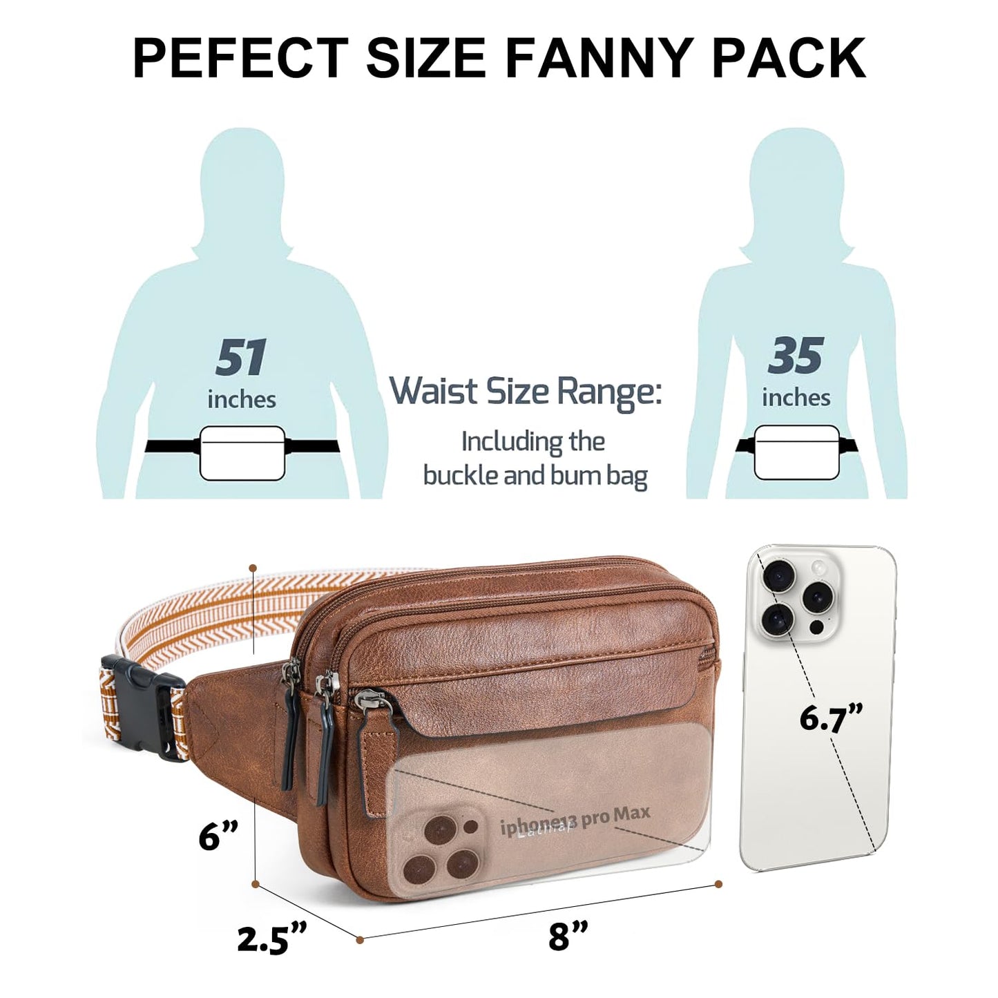 LATMAP 3L Fanny Packs for Women Cross Body Bag Vegan Leather Chest Belt Bag Fashion Waist Pack Small Bum Bag Crossbody for Travel Running Workout, Brown