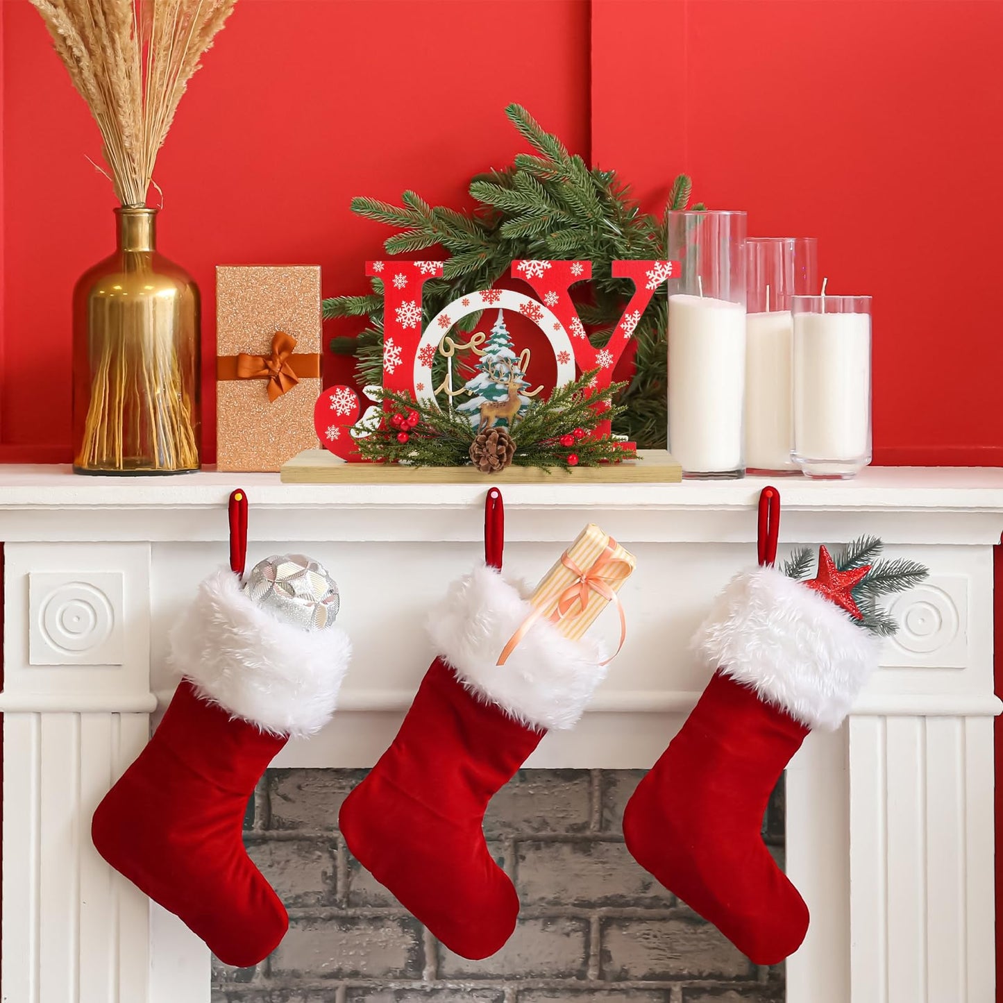 Christmas Wooden Joy Sign Decor,Christmas Tiered Tray Tabletop Decorations Indoor,Cutout Letter Freestanding Xmas Centerpiece Table Joy Sign for Party New Year Winter Holiday Home Fireplace Decor