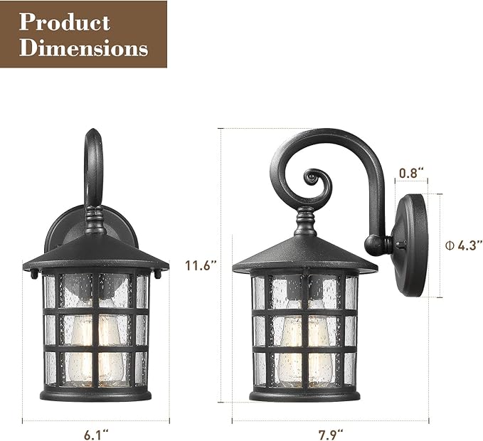 Emliviar Outdoor Porch Lights 2 Pack - Outside Wall Lights for House, Seeded Glass in Black Finish, XE222B-2PK BK