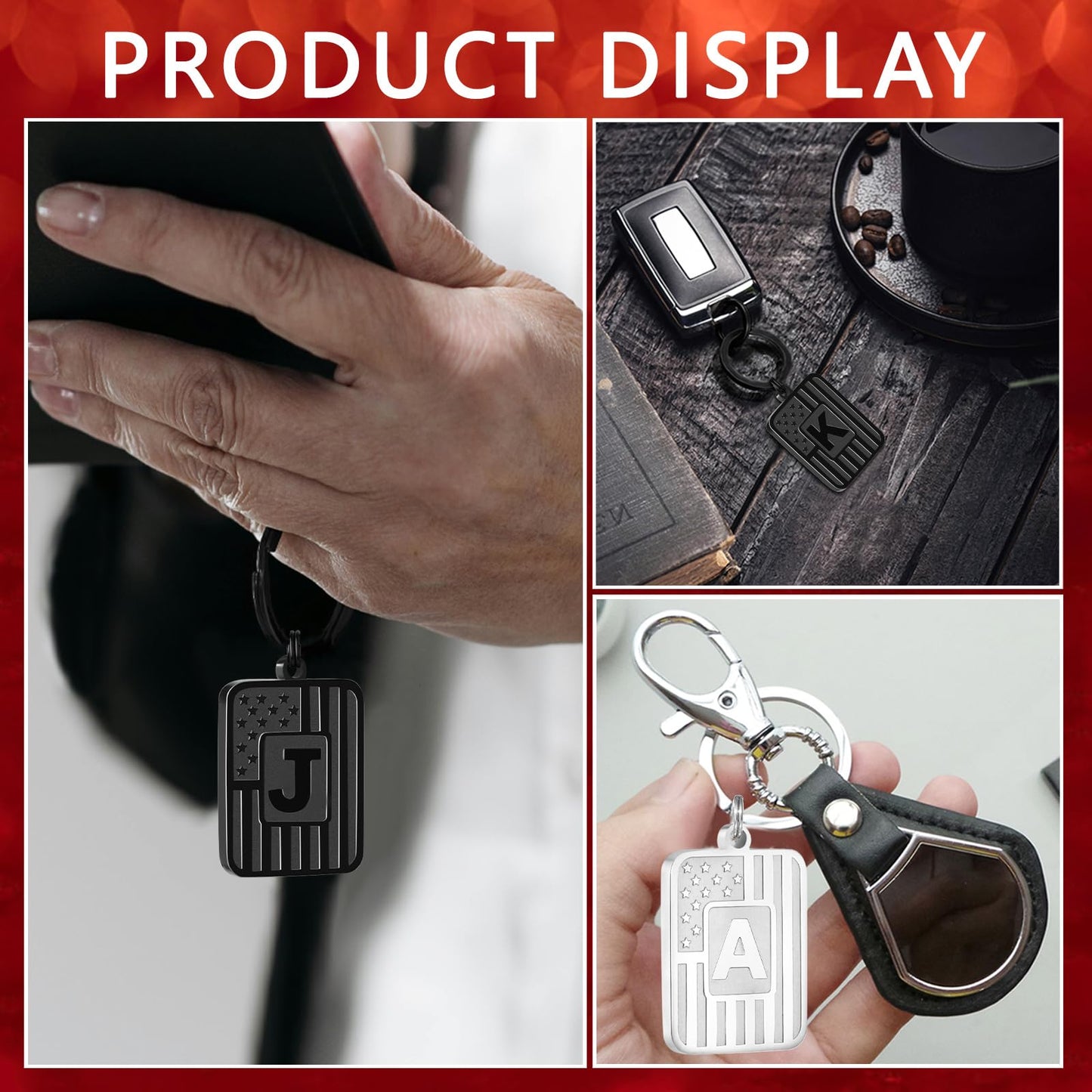 Miss Chipmunk Initial Keychain Gifts for Men Dad,Letter American Flag Dog Tag Keychain for Men Him Dad(Black B)