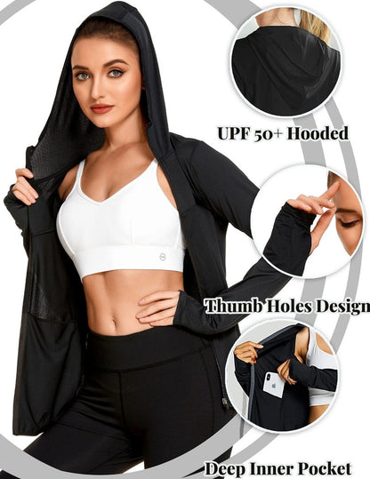 COOrun Women's UPF 50+ Sun Protection Hoodie Jacket Lightweight Full Zip Running Jacket Athletic Workout Top with Thumb Holes Zipper Pockets Black XL