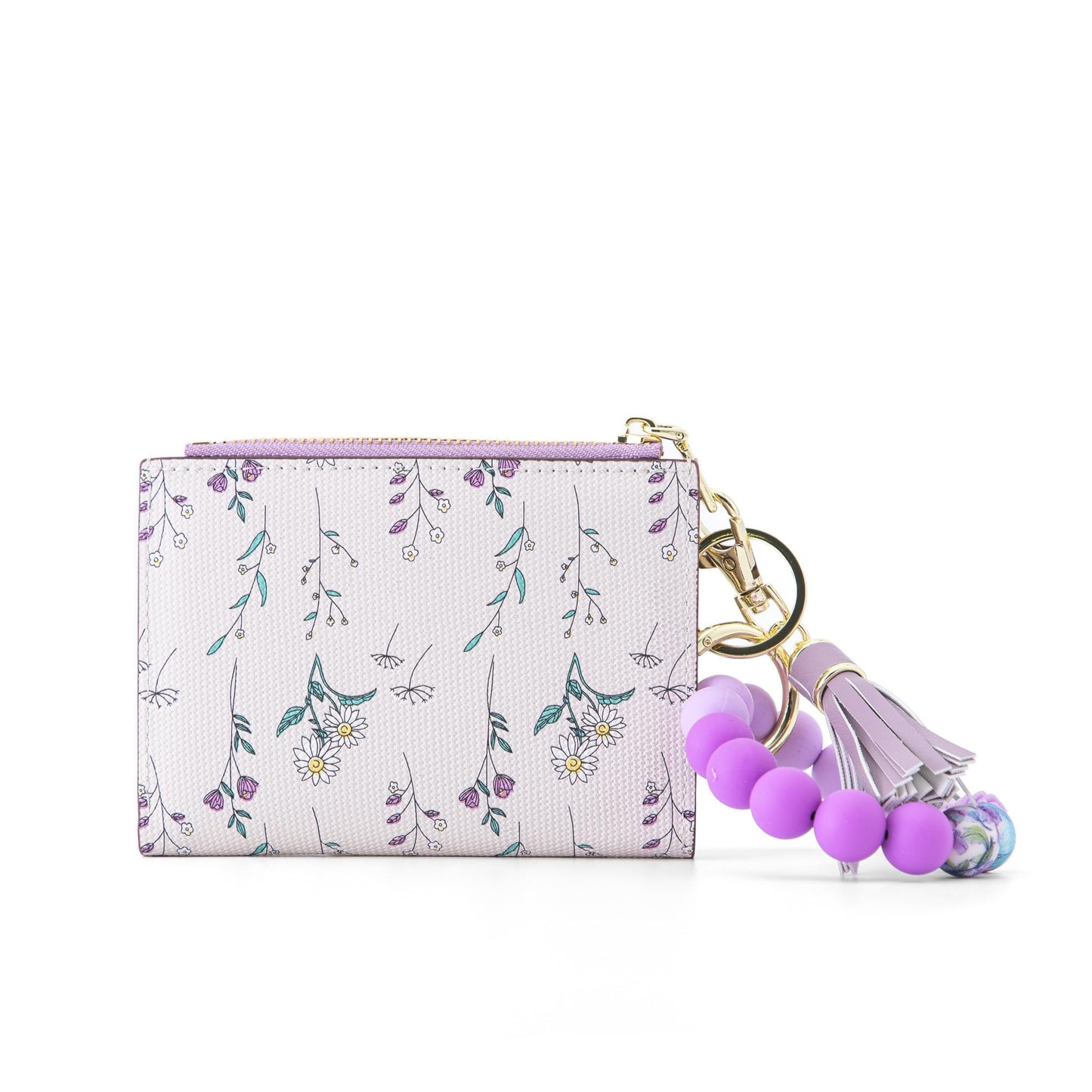 Tomolucky Direct Small Wallets for Women RFID Blocking Leather Bifold Zipper Pocket Keychain Wallet with Bracelet Flower Pattern ID Window Credit Card Holder Purse (Flower, Purple)