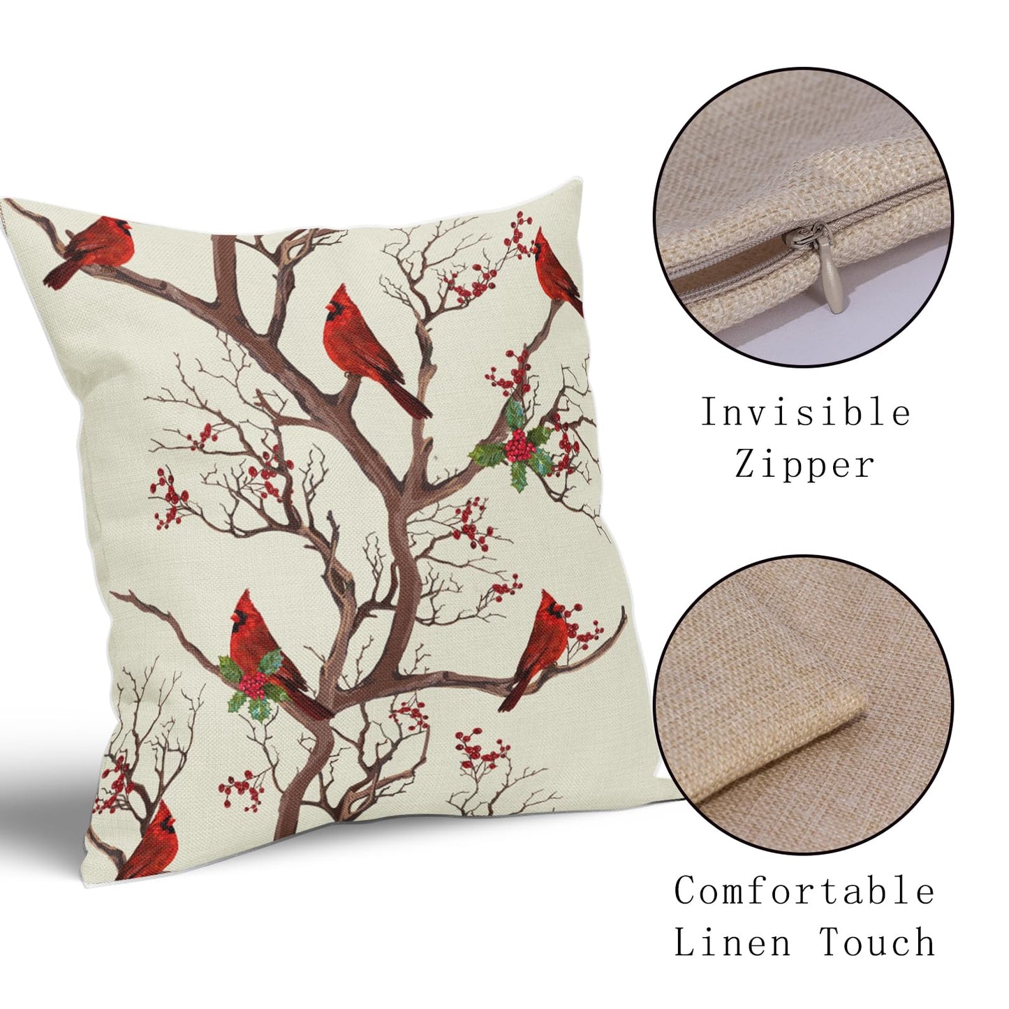 Aytipun Red Winter Bird Pillow Covers 18x18 Set of 2 Rustic Christmas Bird Branches Leaf Print Decorative Outdoor Pillowcases Rustic Farmhouse Throw Cushion Case Decor for Couch Sofa Bed