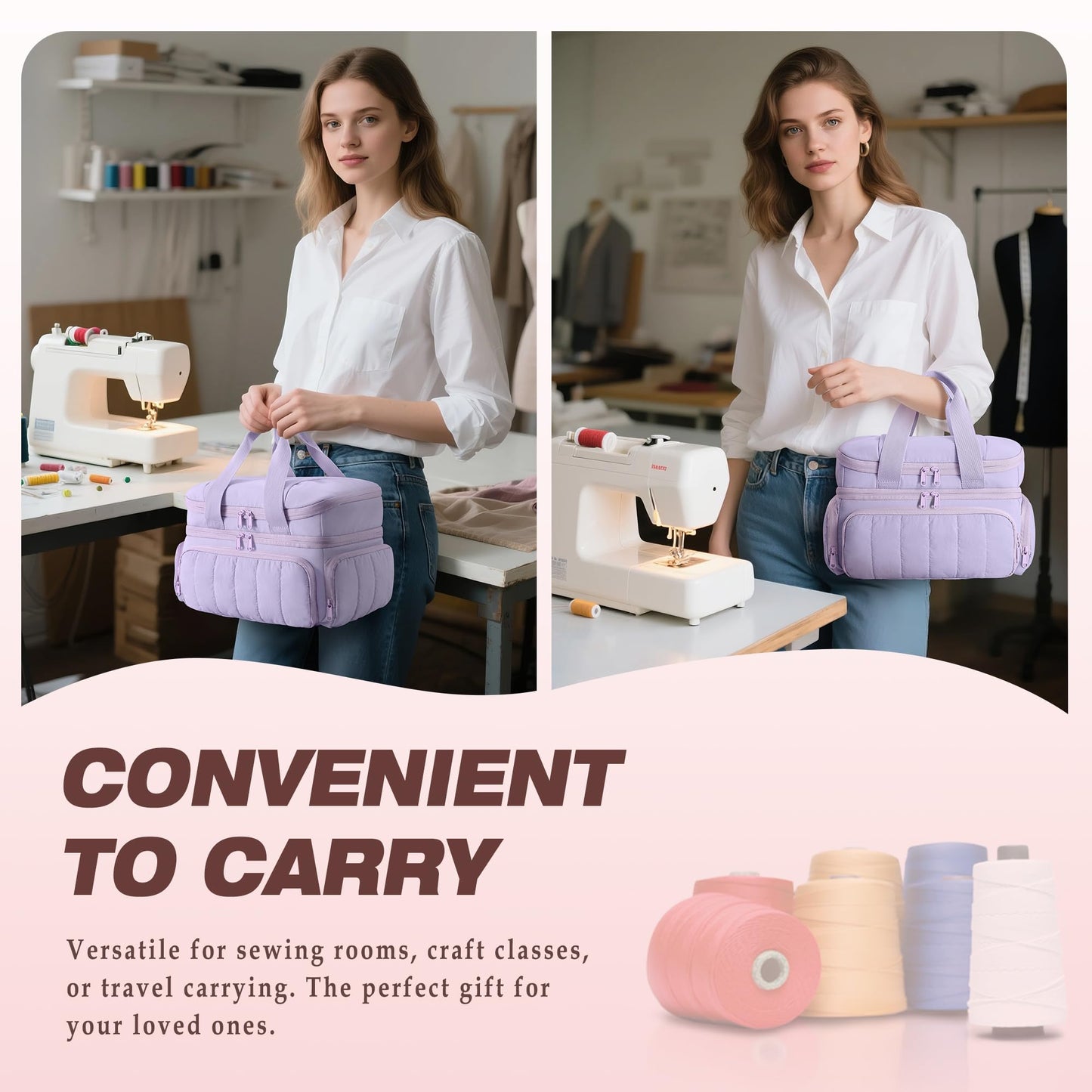 Marscamd Puffer Sewing Organizer Bag, Large Capacity with Multiple Pockets and Detachable Dividers, Storage Box for Threads, Needles, Scissors, Craft Supplies, Purple (Bag ONLY, NO Supplies)