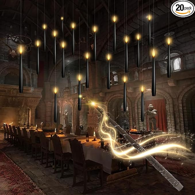 Flameless Floating Candles with Wand，20 Pcs Magic LED Hanging Taper Candles，Flickering Battery Operated Taper Candle with Wand Remote for Halloween Decorations Best Gift(Black)