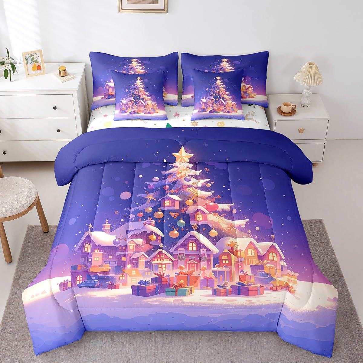 Manfei Merry Christmas 7 Pieces Comforter Set Full,Rustic Cabins Xmas Tree Gift Bedding Set for Bedroom Decor,Snow Winter Outdoor（Comforter+Fitted+Flat Sheet+2 Pillowcases+2 Throw Pillow Covers）