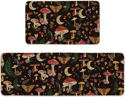 Artoid Mode Black Mushrooms Butterfly Spring Kitchen Mats Set of 2, Home Decor Low-Profile Kitchen Rugs for Floor - 17x29 and 17x47 Inch