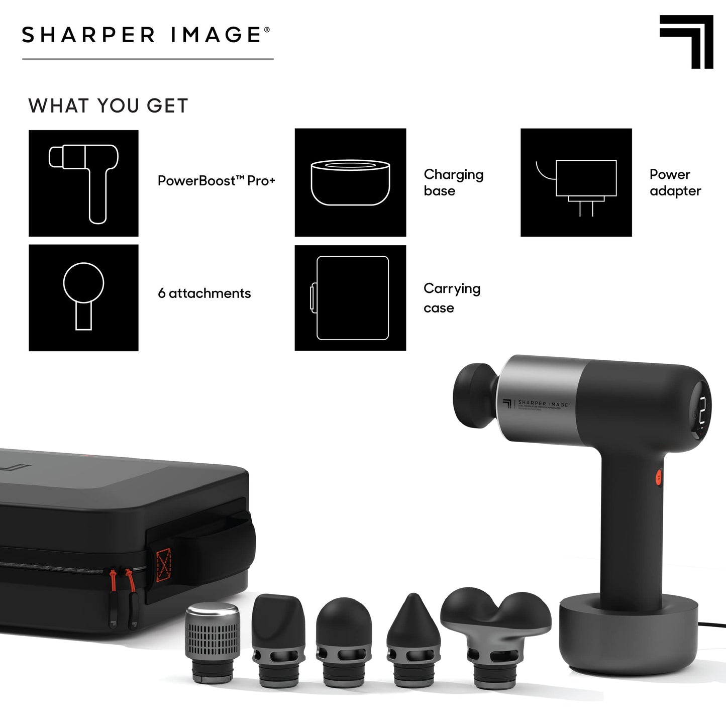 Sharper Image® Powerboost® Pro+ Hot & Cold Deep Tissue Massage Gun - 6 Speeds, 6 Attachments, 5-Hour Battery, Travel Case, Charging Base, Shoulder & Back Massager, Pain Relief Tool, FSA Eligible