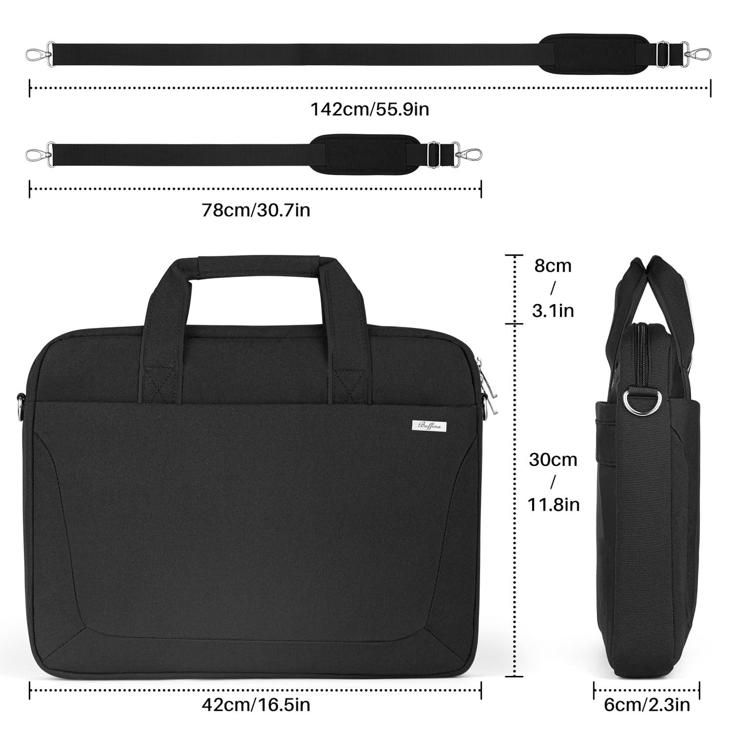 BAFFINA Laptop Shoulder Bag 15.6 16 Inch Business Gifts for Men Women,Laptop Briefcase for 14“ 15” 16“ MacBook/Notebook Hp Dell Asus,Waterproof Computer Carrying Case Messenger Bag with Strap,Black