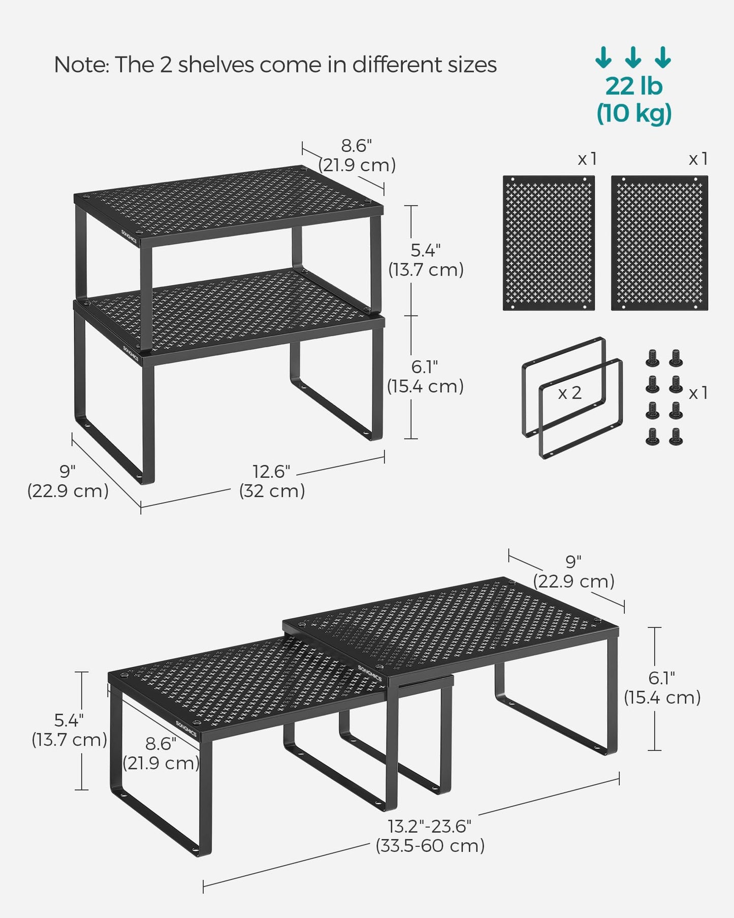 SONGMICS Spice Racks, Set of 2 Metal Cabinet Shelf Organizers, Countertop Organizers, Shelf Risers, Stackable, Expandable, Silver UKCS01SV