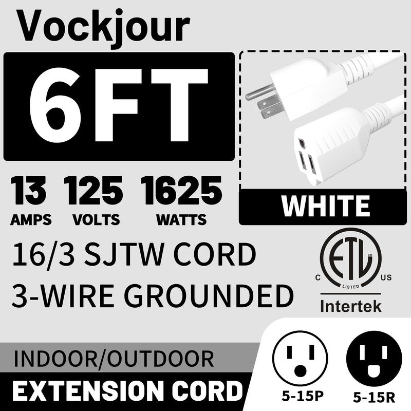 16/3 White Indoor Outdoor Extension Cord 6 Ft 2 Pack Waterproof, Extension Cord with 3 Prong Grounded Plug,13A 1625W 16AWG SJTW, Flexible Weatherproof Power Cable