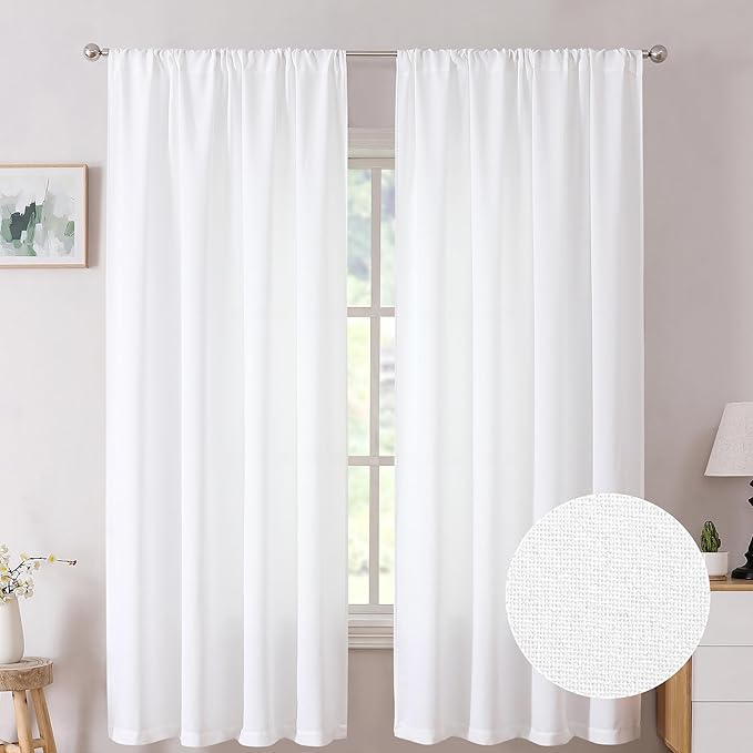 Tollpiz Linen Curtain Bedroom Rod Pocket Semi Sheer Curtains Burlap Light Filtering Thick Linen Drape for Living Room, 54 x 63 inches Long, White, Set of 2 Panels