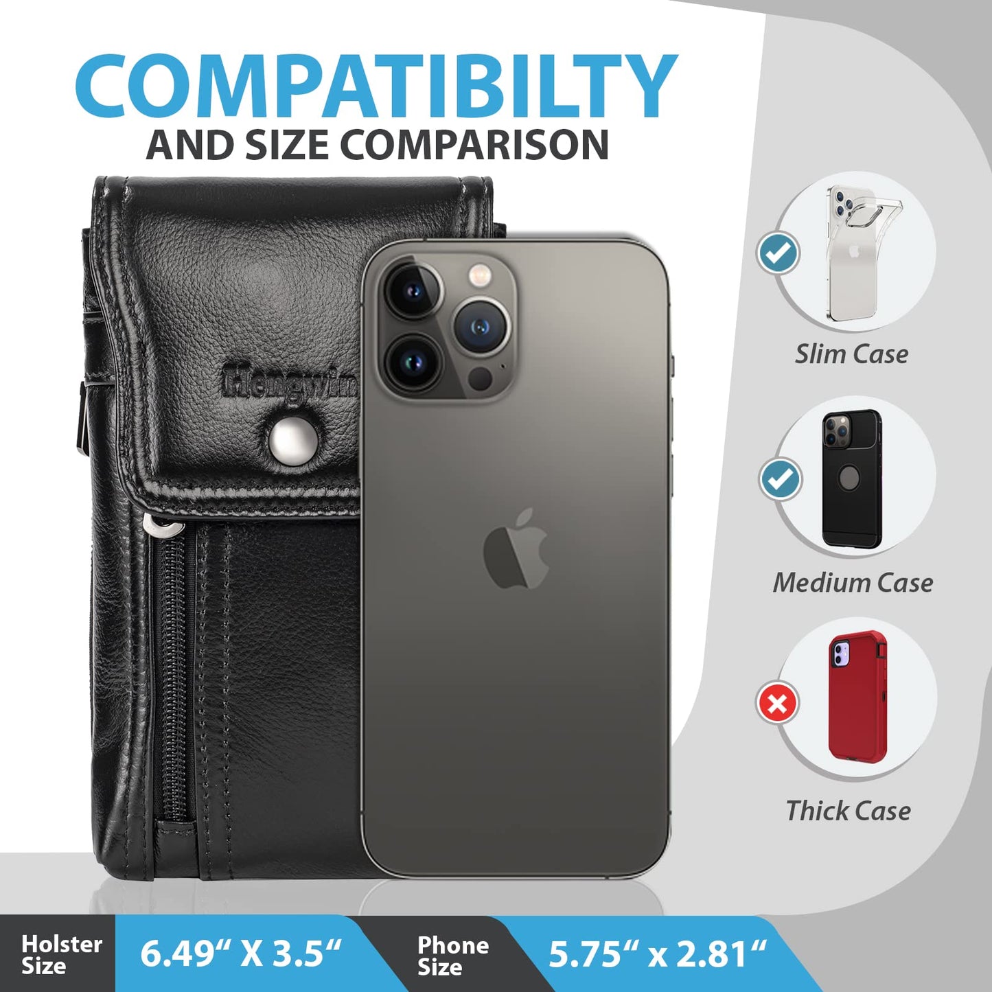Hengwin Genuine Leather Cell Phone Holster for Belt, Belt Pouch Fits for iPhone 17 Pro 16e 15 Pro 14 Pro 13 Pro 12 Pro Samsung Galaxy S25 S24 S23 S22 Belt Holder Phone Case with Belt Clip (Black)