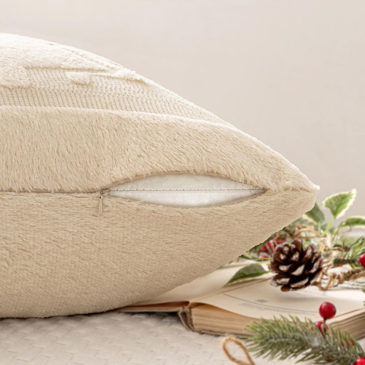 MIULEE Christmas Trees Pillow Covers Set of 2 Decorative Soft Throw Pillows Plush Faux Fur Wool Embroidered Couch Cushion for Holiday Winter Home Decor Chair Sofa Bedroom Living Room,Beige 18x18inch