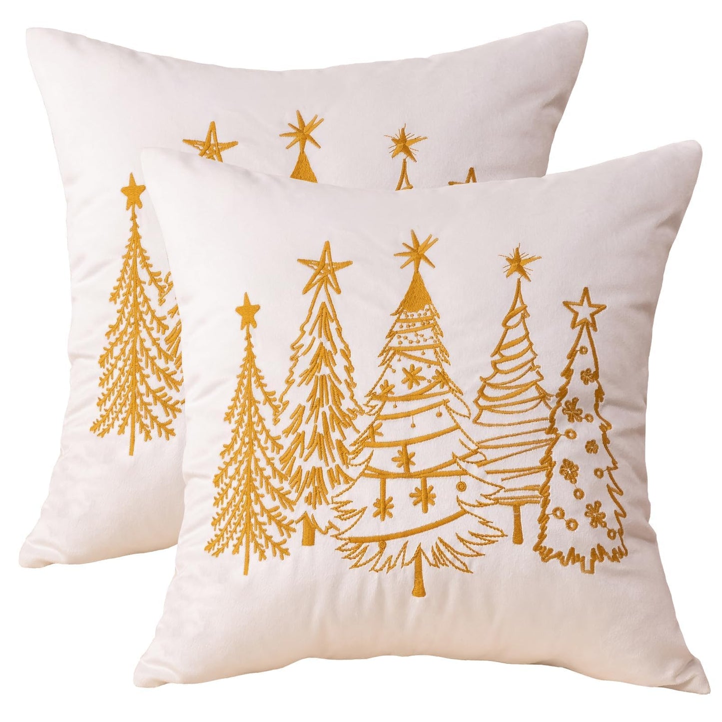GEEORY Christmas Pillow Covers 18x18 Inch Set of 2, Xmas Decorations Tree Luxurious Velvet Embroidered Throw Pillows Farmhouse Winter Holiday Decor Cushion Case for Sofa & Bed White GX007-18