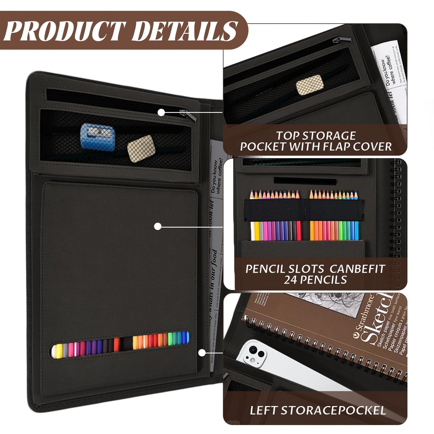 Plinyvel Leather Sketchbook Cover for 9x12 - Travel Portfolio Case with Storage, Holds Large Sketch Book & Spiral Pad | All-in-One Artist Organizer with Pencil Holder (Black)
