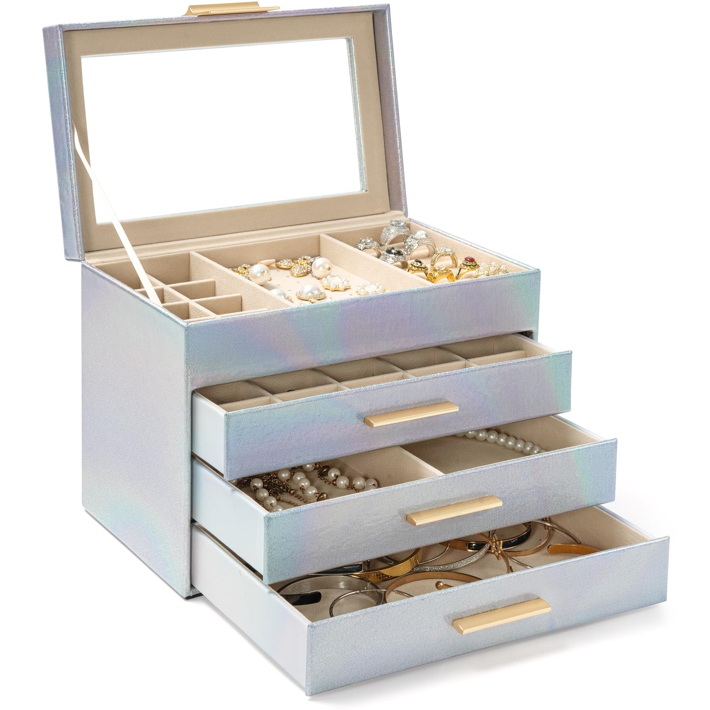 AKOZLIN 4-Tier Jewelry Box with Clear Glass Lid Functional Leather Jewelry Storage Organizer Case 3 Drawers for Women Girls Necklace Ring Bracelet Earring