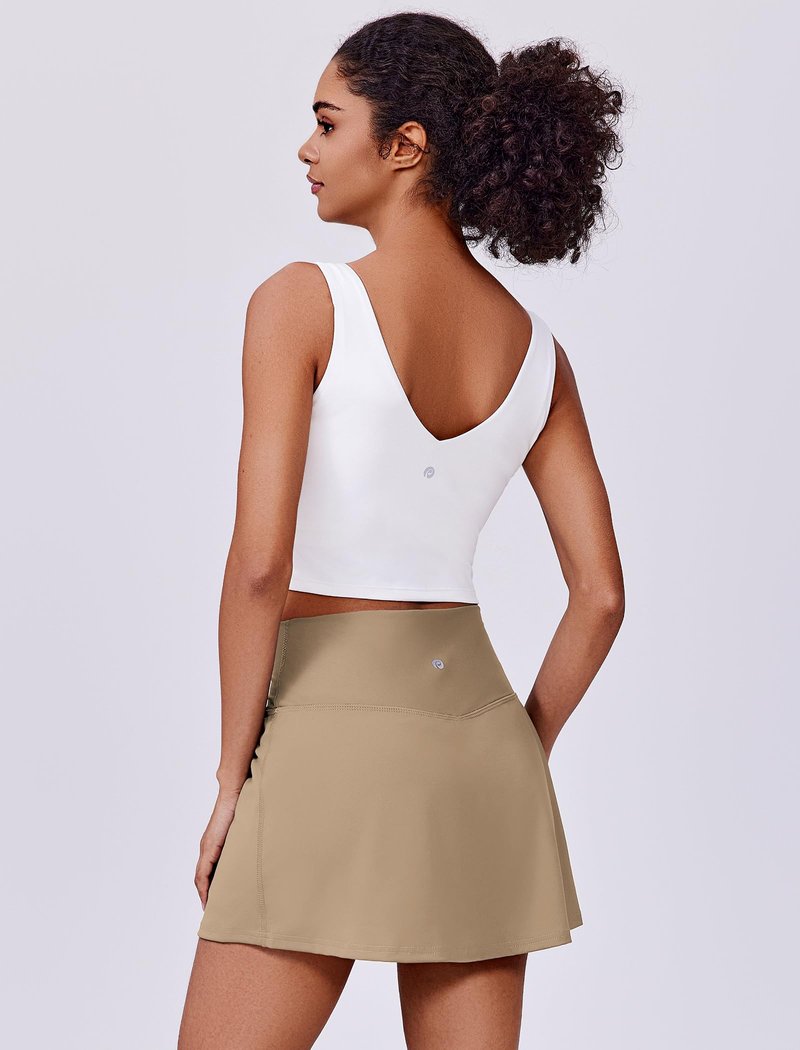 PINSPARK Tennis Skirts for Women V Waisted Golf Skorts Lightweight Athletic Skirt Stretchy Workout Skort with Pockets, Khaki Medium