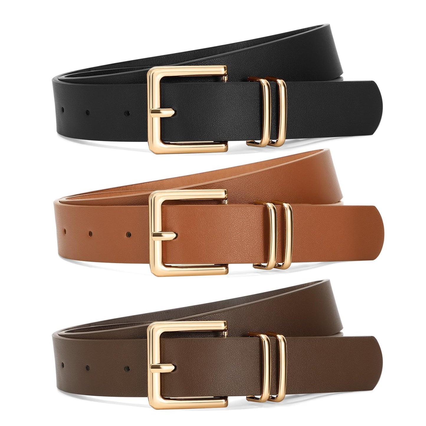 SANSTHS 3 PACK Women Leather Belts for Jeans Pants Dresses Fashion Ladies Waist Belt with Gold Square Buckle,Black Brown Coffee,S