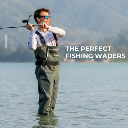 Calamus WaveWalker Fishing Waders for Men & Women, 100% Waterproof PVC Chest Waders with Slip-Resistant Boots, Tear-Resistant Nylon, Ample Storage, Wader Hanger, Military Green, M5/W7