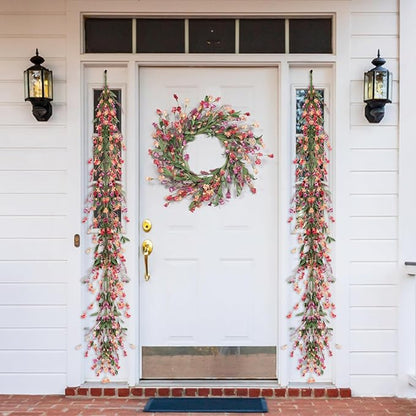 Artgar Front Door Wreath 24 Inch Spring/Summer Wreaths for Front Door, Front Door Wreaths for All Seasons for Indoor Outdoor Home Office Wall Window Wedding Farmhouse Decor (Red&Orange&Purple)