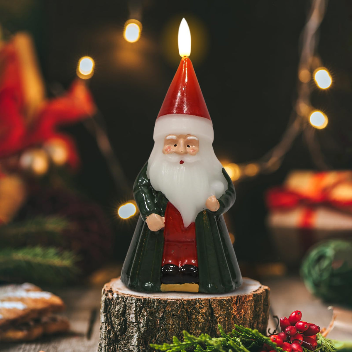 DRomance Santa Flameless Flickering Candle Battery Operated with 6 Hour Timer Real Wax Hand-Painted LED Pillar Candle 3D Wick Indoor Christmas Holiday Decor(Green, 3.1" D x 6.8" H)