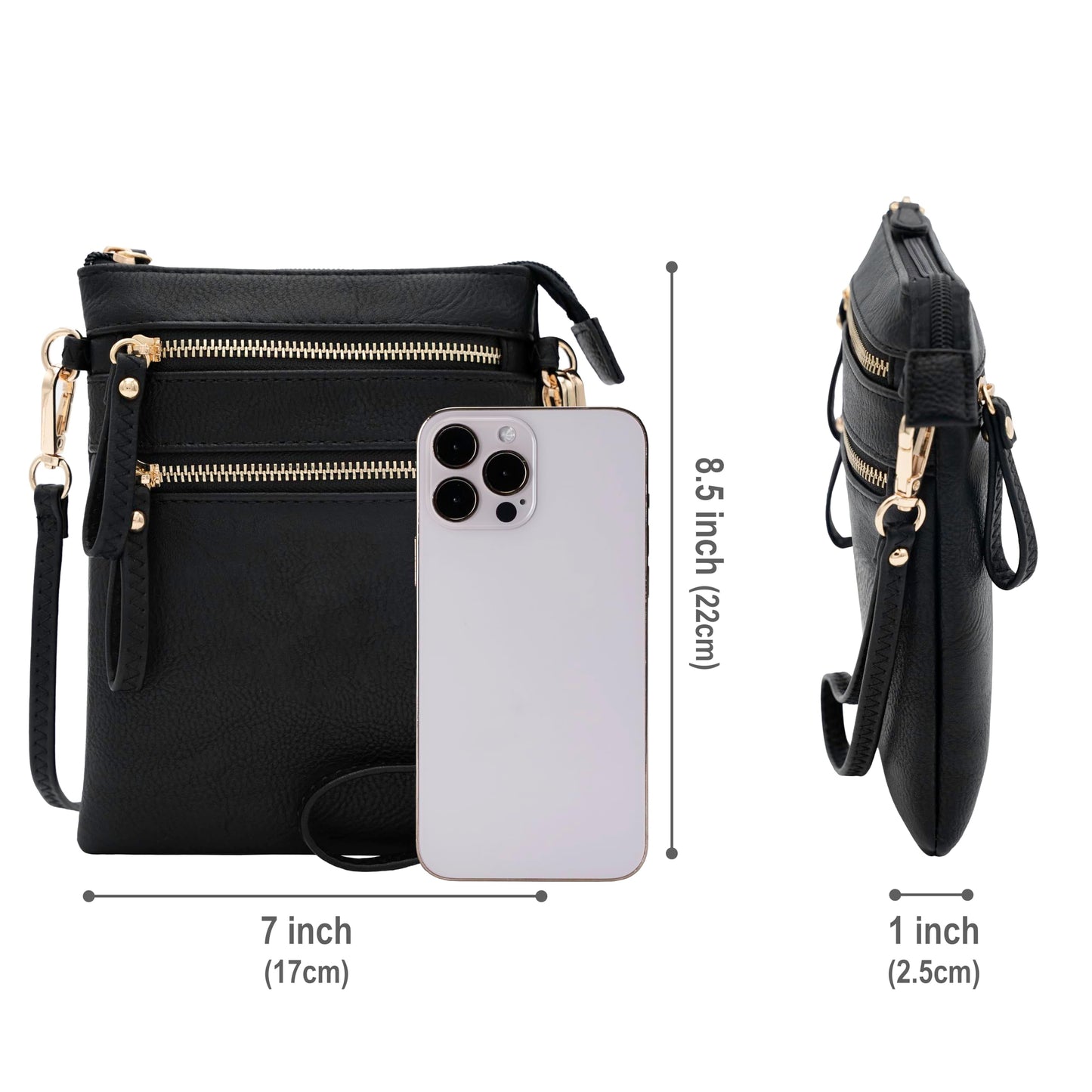 Solene Women's Faux Leather Organizer Multi Zipper Pockets Handbag With Detachable Wristlet Crossbody Bag-WU002(Black)