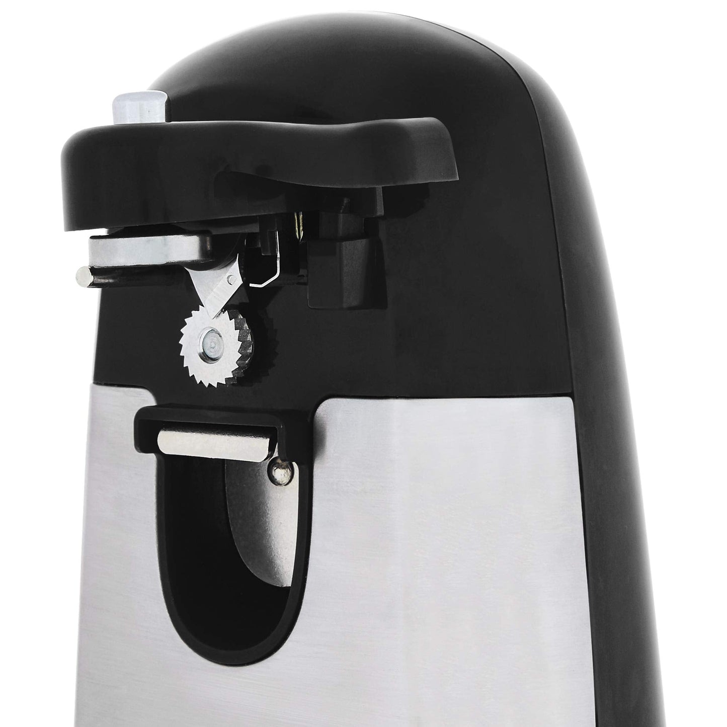 Amazon Basics 3-In-1 Electric Can Opener, Bottle Opener and Knife Sharpener, with Stainless Steel Blade, Magnetic Lid Holder, Automatic, Countertop, 50W, Black