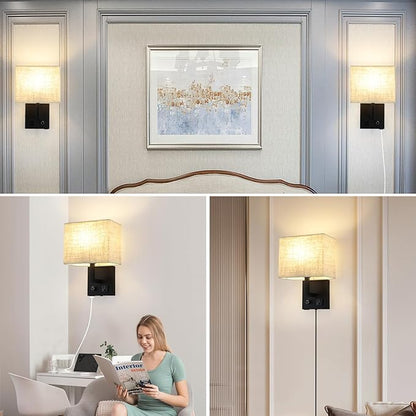 Bedside Wall Mount Light with Outlet and Dimmable Switch, Black Fabric Shade Wall Sconce Light with USB Port and Plug in Cord, Perfect for Bedroom, Living Room and Hotel…