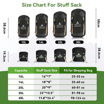 Hikenture Compression Sack for Sleeping Bag, Upgrade Anti-Tear Nylon Sleeping Bag Stuff Sack, 10L/14L/20L/30L Water-Resistant Compression Bag, Storage Bag (Dark Green, 20L)