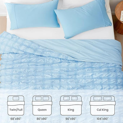 Cozy Bliss Cooling Comforter Queen Size Seersucker Plaid, Q-Max 0.4 Reversible Lightweight Cooling Blanket, Breathable Silk Smooth Summer Bedding Quilt for Hot Sleepers Night Sweats Blue