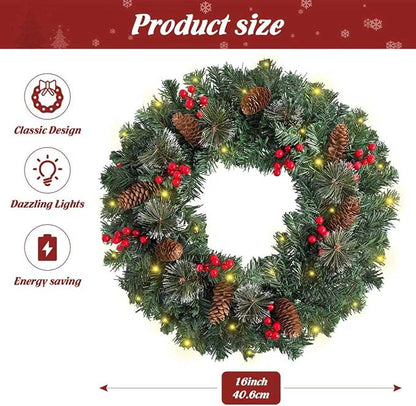 FR Artificial Pre-Lit Fir Christmas Wreath Holiday Accent Decoration, Wintry Pine, Decorated with Pine Cones Berry Clusters, with LED Lights Battery Operated for Door, Mantel - 16 Inch